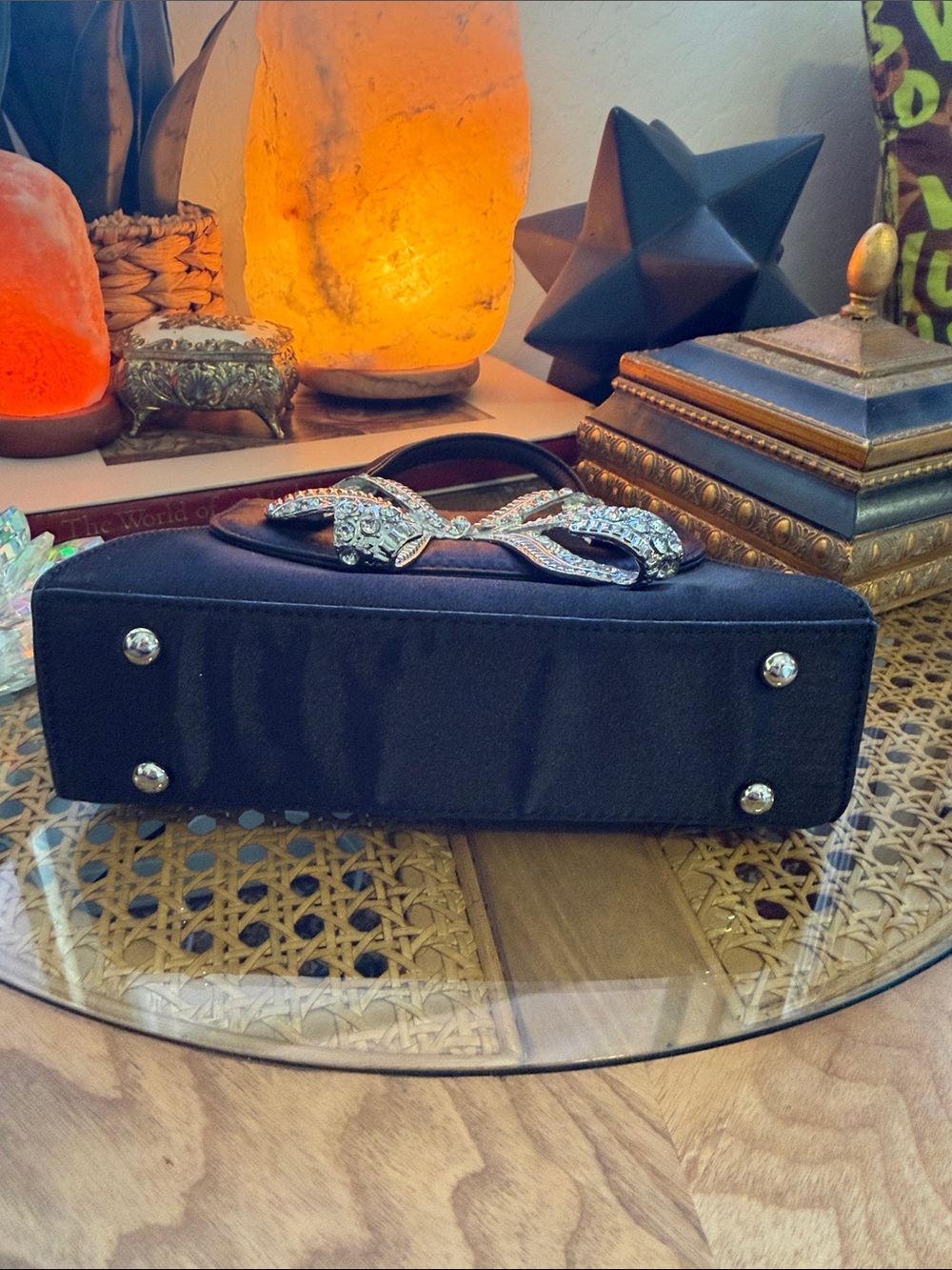 Black Satin Top-Handle Evening Bag with Crystal Bow - Picture 4 of 7